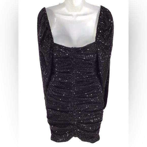 Lady Voxy Black V Neck Sequin Ruched Long Sleeve Mini Dress - Picture 4 of 6